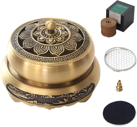 Brass Incense Burner Bowl, Lotus Shape, with Stick Holder & Incense net &Fire Cotton Incense Holder Cone Coil Incense Burner Ash Catcher with Lid for Indoor Office Décor, Handicraft Gifts,Censer - Bloomnest