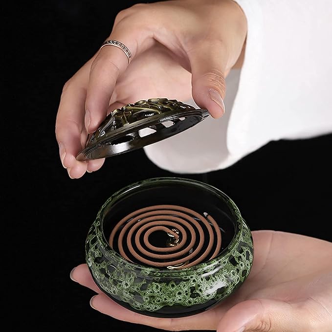 Ceramic Incense Burner with Lid, Bowl Burner， Cone Incense Burner, Ceramic Censer Suitable for Incense/Cone/Coil/Sticks, There are 30 Incense Cones+ Metal Incense Holder+Fireproof Cotton Inside. - Bloomnest
