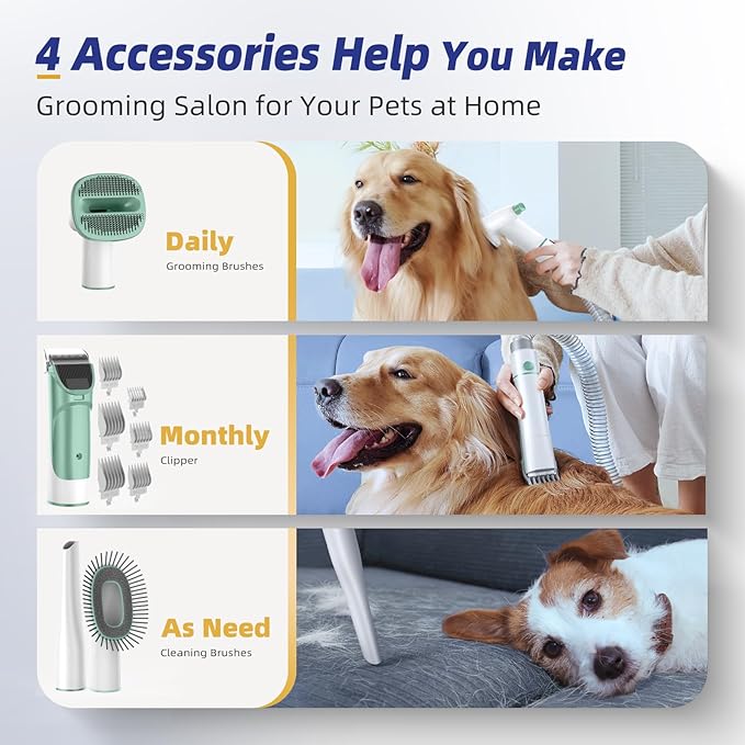 Dog Grooming Kit with Vacuum, All-in-One Pet Grooming Vacuum for Dogs and Cats, Low Noise Pet Hair Clipper & Shedding Brush, Dog Hair Remover, Cat Pet Groomer Set with Cleaning Brushes, Green - Bloomnest