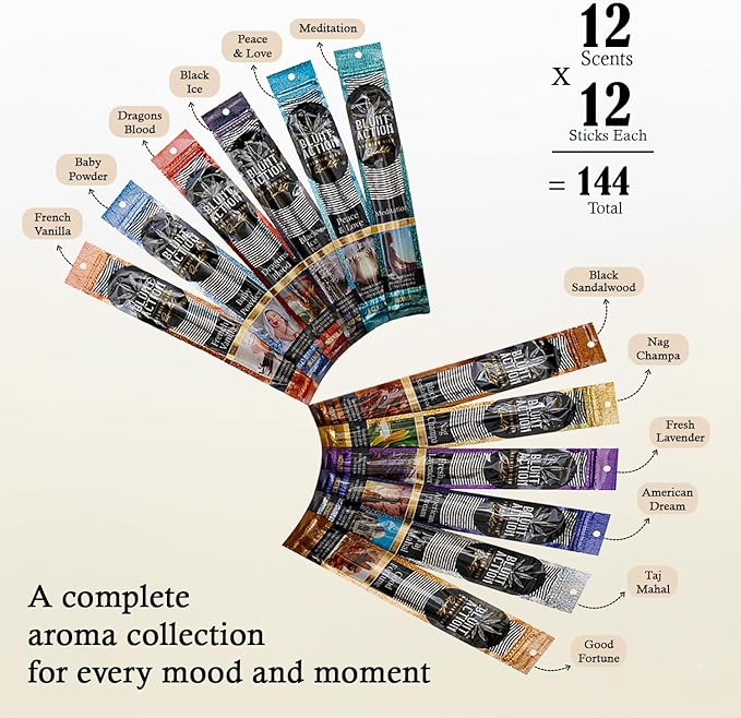 Tulasi Blunt Action Incense Sticks, 12 Packs, 144Pc, Long Lasting Fragrance, Natural Essential Oils Hand Rolled Incense Sticks for Aromatherapy, Relaxing, Yoga, Meditation, Prayer Tulasi