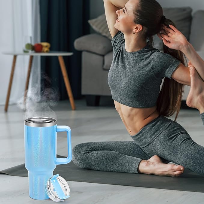 40 oz Tumbler with Handle and Flip Straw Lid, Vacuum Insulated Leak Proof Double Walled Stainless Steel Glitter Travel Mug Tumblers, Maintains Cold Ice and Heat for Hours(Blue) - Bloomnest