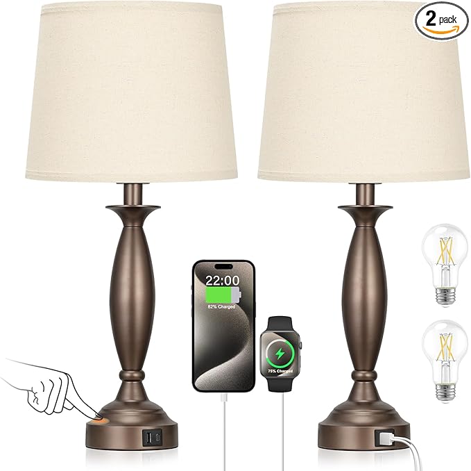 Beige Brown Lamps for Bedrooms Set of 2 - Touch Control Bedside Lamp with USB C+A, 3 Way Dimmable Nightstand Lamps with USB Port, Table Lamp for Living Room(Beige Shade and Brown Base) - Bloomnest