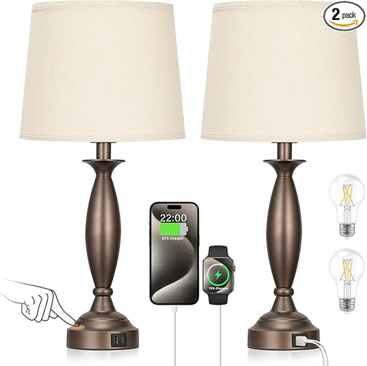 Beige Brown Lamps for Bedrooms Set of 2 - Touch Control Bedside Lamp with USB C+A, 3 Way Dimmable Nightstand Lamps with USB Port, Table Lamp for Living Room(Beige Shade and Brown Base) - Bloomnest