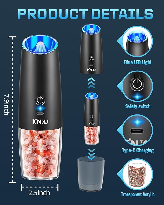 XinXu Gravity Electric Pepper and Salt Grinder Set, Adjustable Coarseness, with LED Light, One Hand Automatic Operation (Rechargeable Set/Black X) - Bloomnest