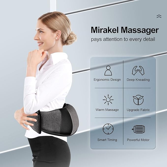 Mirakel Shiatsu Neck & Back Massager with Heat - Deep Tissue Neck, Back & Shoulder Pain Relief - Ergonomic Design Shoulder Massager, Idea Presents for Christmas, Fathers Day, Mothers Day, Women, Men - Bloomnest