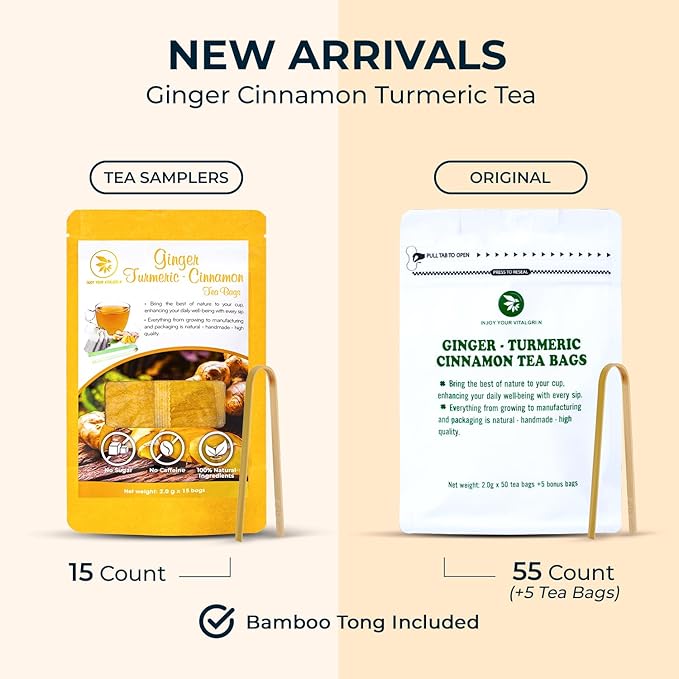 Ginger Cinnamon Turmeric Tea Samplers - 15 Count, Mini Tea Bags, Bamboo Tong Included, Re-Steep Corn Based Tea Bags, No Sugar Added, Natural Herbal Tea for Body Warm, Relax, Refreshing - Bloomnest