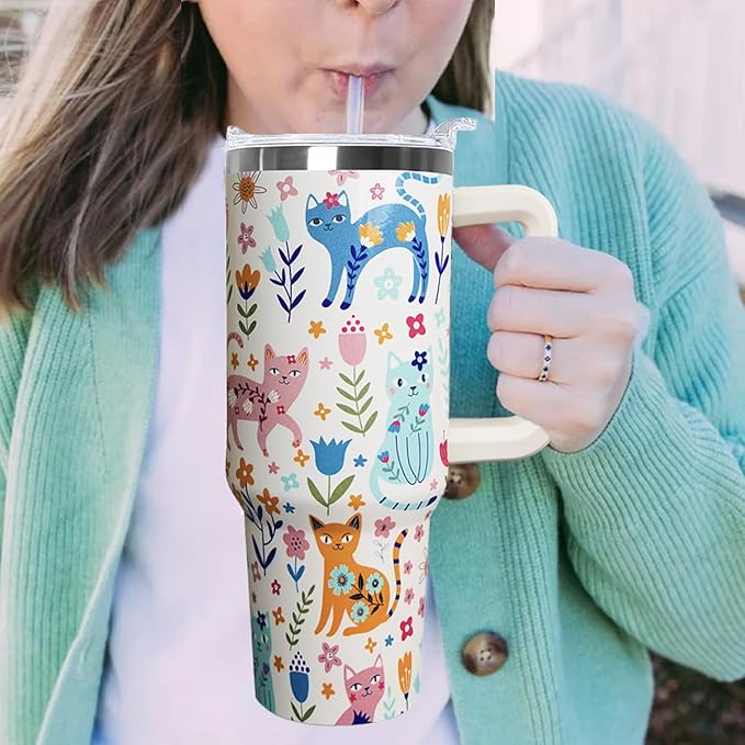 Ceovfoi 40 Oz Cat Tumbler With Handle, Coffee Travel Mug Cup Water Bottle, Cat Decor, Gifts for Women - Bloomnest