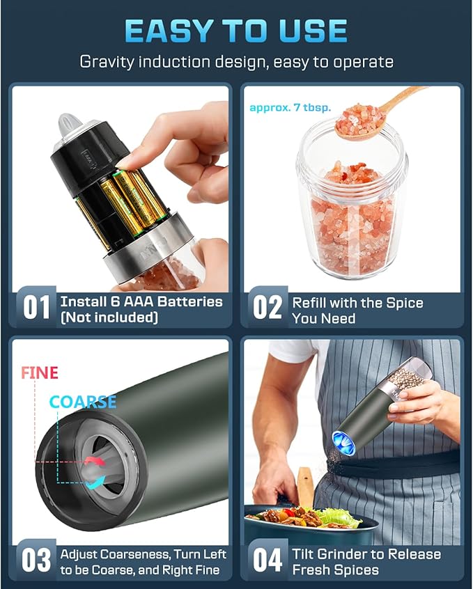 XinXu Gravity Electric Pepper and Salt Grinder Set, Adjustable Coarseness, with LED Light, One Hand Automatic Operation (Set/DarkGreen X) - Bloomnest