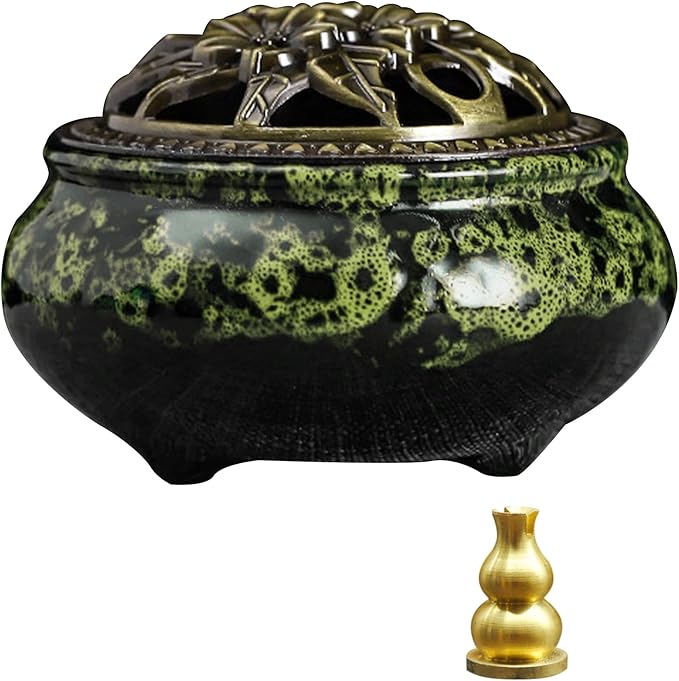 Ceramic Incense Burner with Lid, Bowl Burner， Cone Incense Burner, Ceramic Censer Suitable for Incense/Cone/Coil/Sticks, There are 30 Incense Cones+ Metal Incense Holder+Fireproof Cotton Inside. - Bloomnest