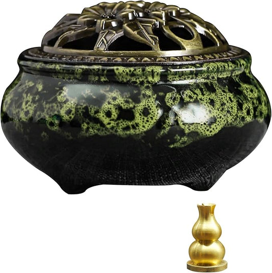 Ceramic Incense Burner with Lid, Bowl Burner， Cone Incense Burner, Ceramic Censer Suitable for Incense/Cone/Coil/Sticks, There are 30 Incense Cones+ Metal Incense Holder+Fireproof Cotton Inside. - Bloomnest