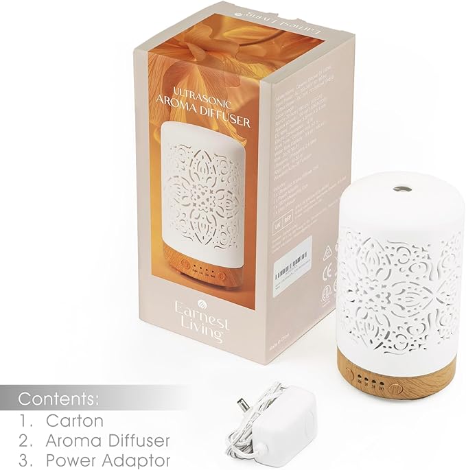 Earnest Living Essential Oil Diffuser White Ceramic Diffuser 100 ml Timers Night Lights and Auto Off Function Home Office Humidifier Aromatherapy Diffusers for Essential Oils - Bloomnest