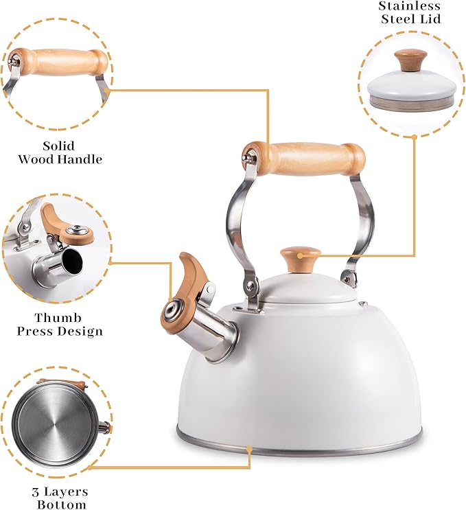 ROCKURWOK Tea Kettle, Tea Pot with Cool Touch Ergonomic Handle, Teapot Food Grade Stainless Steel, Tea Kettle Stovetop, Kettle Teapot, Whistling Tea Kettle, Tea Pot, 2.7 Quart (White) - Bloomnest