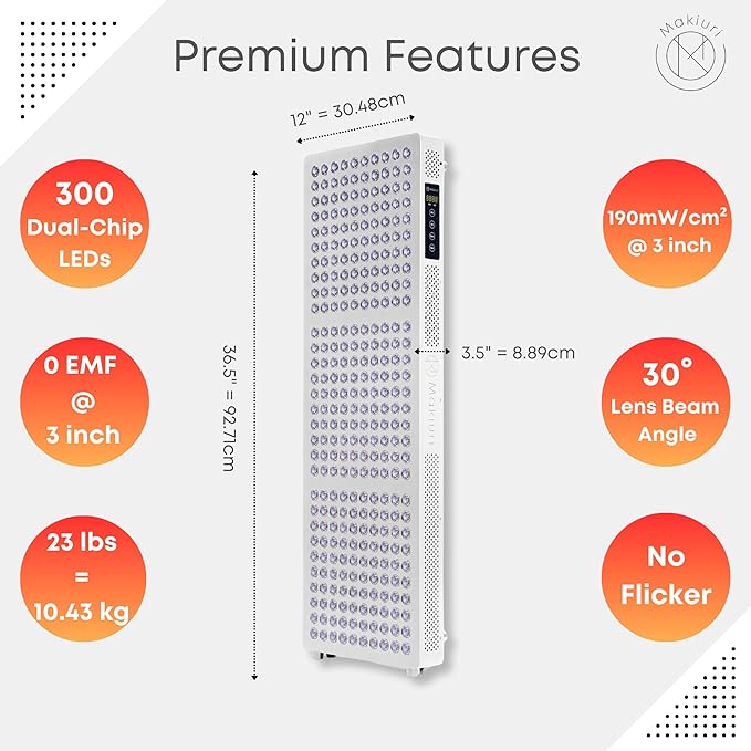 Makiuri Red Light Therapy Panel for Full Body | 630 nm, 660nm, 810nm, 830nm, 850nm | Clinical Grade Red & Near-Infrared LED Light Therapy (5 Wavelengths) | High Irradiance | Neptune (White 300 LED) Makiuri