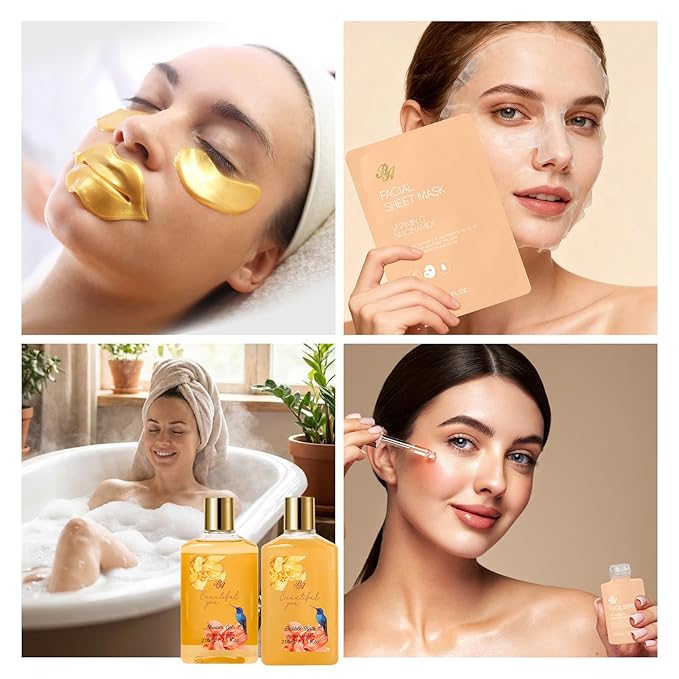 25 Pcs Valentines Day Gifts for Women, Bergamot & Rose Bath & Body Gift Set, Hydrating Skin Care Kit, Pamper Self Care Gifts, Leather Bag, Serum, Necklace, Christmas, Birthday, Mothers Day - Bloomnest