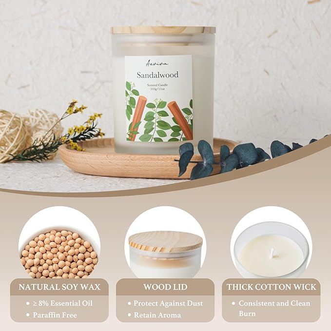 Sandalwood Scented Candle, 11oz 60 Hour Burn, Natural Soy Wax with Thick Cotton Wick, Highly Scented Aromatherapy Candle for Stress Relief & Meditation, Gifts for Women & Men - Bloomnest