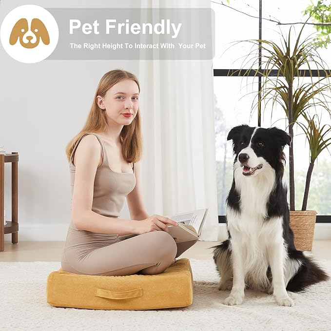 22 inches Floor Pillow for Adults - Large Meditation Cushion with Thick Foam & Soft Tufted Cover - Premium Outdoor Square Floor Cushion Seat - Yoga Pillows for Sitting On Floor - Yellow - Bloomnest