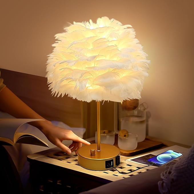 ZYLEIESENBAO Chic White Feather Lamp with USB Charging Port Modern Feather Table Lamp Cute Romantic Bedside Nightstand Light for Girl Room Childrens Room Living Room Entry Wedding Decoration - Bloomnest