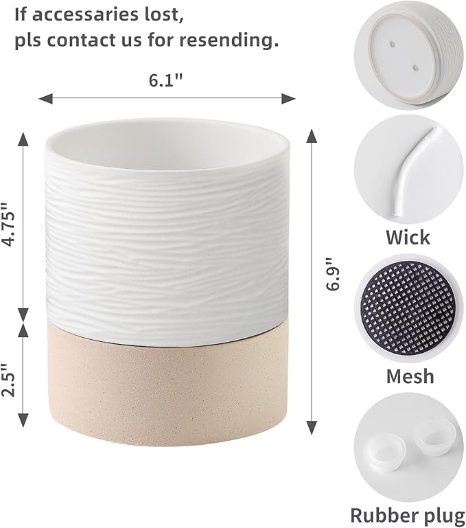 Nihow Self Watering Plant Pot: 6 Inch Ceramic Planter with Drainage Hole & Water Storage Plus for Indoor & Outdoor Plants - Cylinder Round Flower Pot for Succulent/Herbs/Violets - White & Brown - Bloomnest
