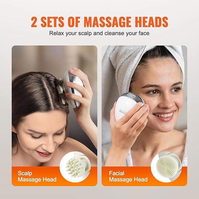 VEVOR Electric Scalp Massager with Heat, Rechargeable Heated Head Massager, IPX7 Waterproof | Portable Kneading Scalp Scratcher with 8 Removable Massage Head for Hair Growth, Deep Clean, Stress Relax VEVOR