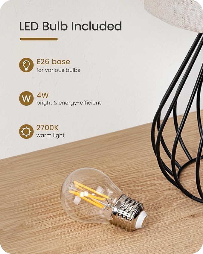 Small Bedside Table Lamp, Black Table Lamp with Metal Cage & Linen Lampshade, Modern Cute Desk Lamp, Cozy Nightstand Lamp for Bedroom, Living Room, Office, 2700K LED Bulb Included, E06TL05 - Bloomnest