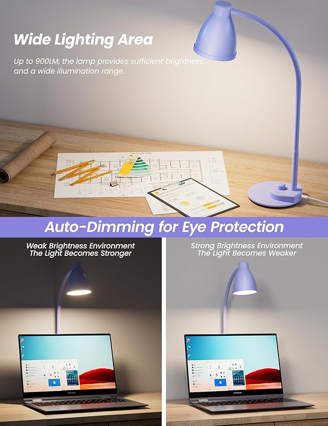 BOHON LED Desk Lamp with USB Charging Port, 3 Color Modes Fully Dimmable Reading Lamp, Auto Dimming Task Lamp, Flexible Gooseneck Table Light for Office Dorm Bedside, Adapter Include, Lilac Purple - Bloomnest