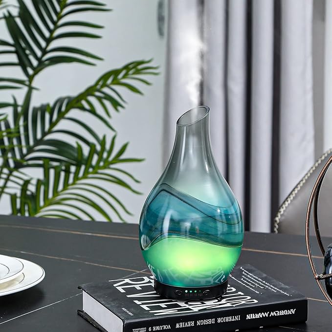 MAXWINER Essential Oil Diffusers Handmade Art Glass Ultrasonic Aromatherapy Diffusers with 7 Colors Lights Changing, Waterless Auto Shut-Off, Time Setting for Home, Office, Room 120ml - Bloomnest