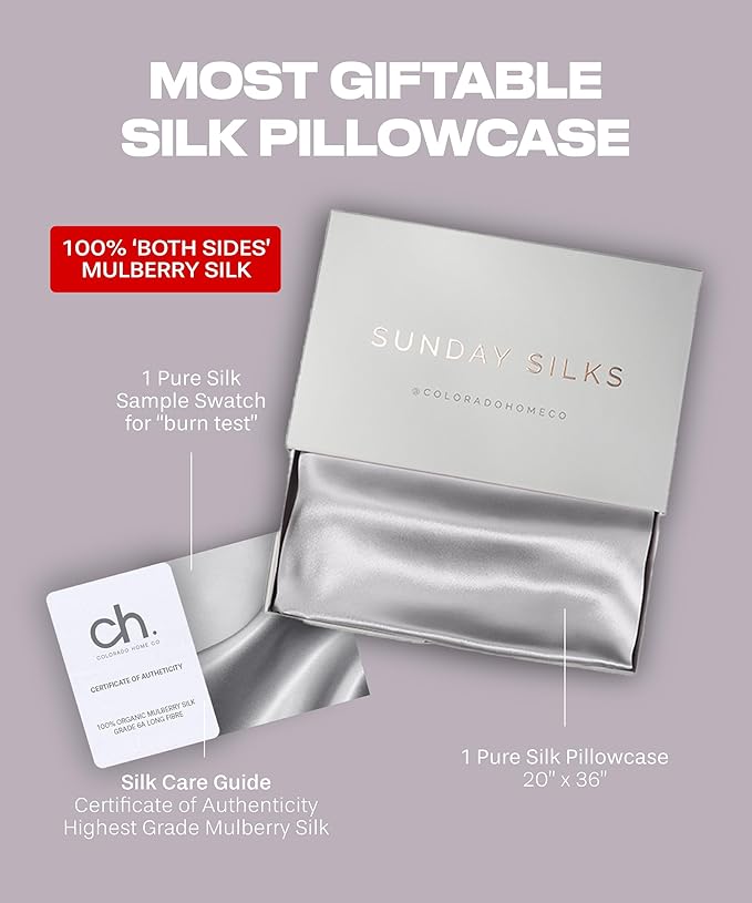 SUNDAYSILKS™ Premium Silk Pillow Cases | 100% Mulberry Silk Pillowcase with Zipper, Real 22 Momme Grade 6A Silk, Standard Queen, King Size [Silver Quartz] - Bloomnest