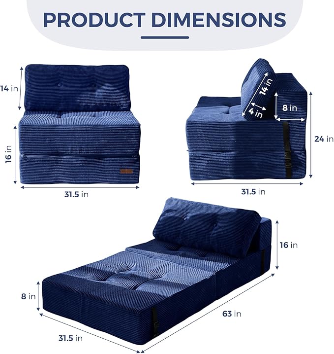 MAXYOYO Folding Sofa Bed, Convertible Chair Bed with High-Density Support Foam, Portable 4 in 1 Fold Out Seating to Floor Lounger, Versatile Floor Sofa Couch for Living Room Bedroom, Navy - Bloomnest