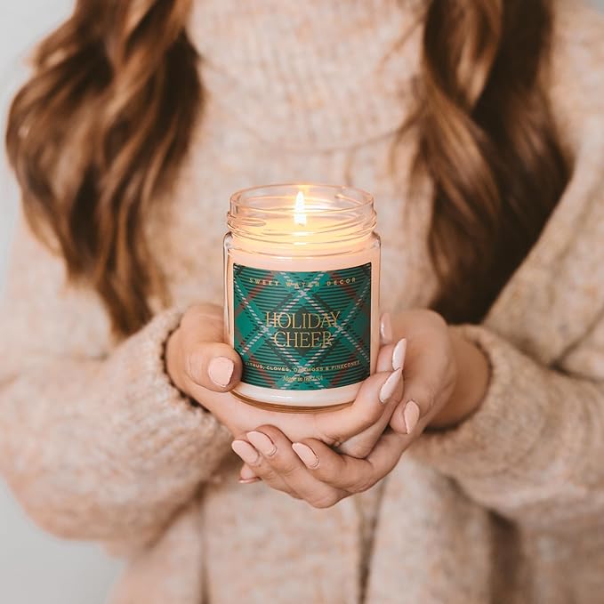 Sweet Water Decor Holiday Cheer Christmas Scented Candles - Christmas Stocking Stuffers Soy Candles with Citrus Scent - Christmas Candles with 40 Hours Burn Time - 9Oz Gold Lid Clear Jar Wax Candles - Bloomnest