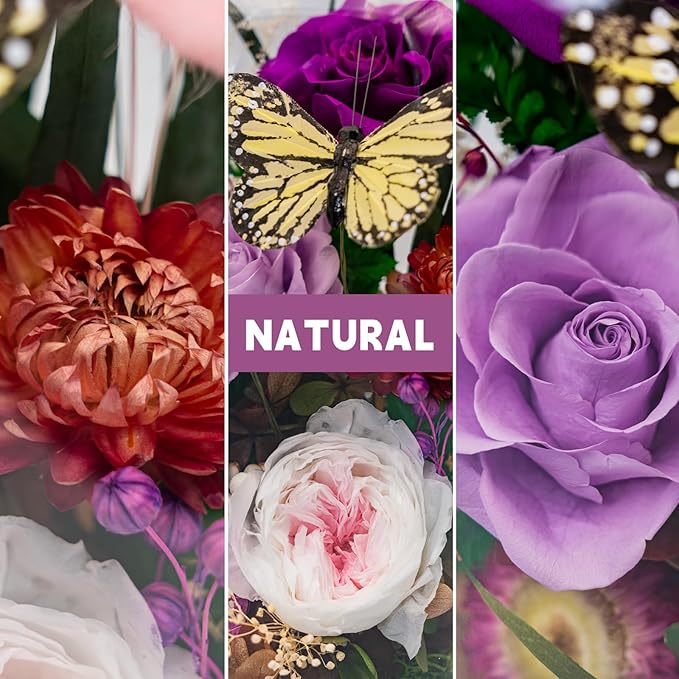 Eternal Flower with Butterfly: Big Flowers Big Love-Elegant Flower in Glass Dome-Thanksgiving, Christmas, Mom Gifts for Her-Flowers for Delivery Prime-Floral Arrangements(Purple) - Bloomnest