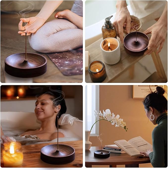 Incense Holder,Black Walnut Hand - Crafted Round Burner for Sticks with Ash Catcher,Perfect for Relaxation at Home, Yoga,Spa & as a Gift - Bloomnest