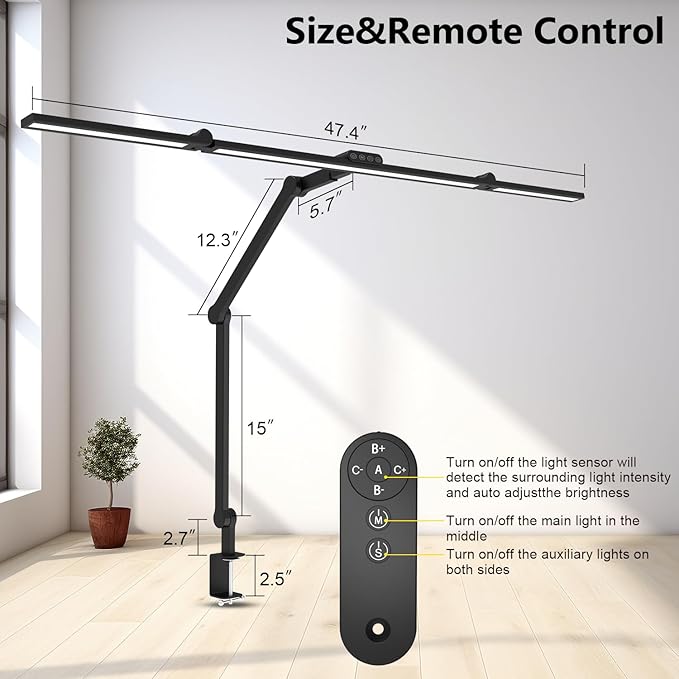 3000 Lumen Ultra Bright Architect Desk Lamp with Clamp, 36W Tall Overhead Led Desk Light for Home Office, 47Inch Long Dimmable Computer Monitor Light Bar with Remote for Table Desktop Drafting - Bloomnest