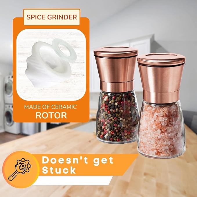 Kitchen Bliss Premium Copper Stainless Steel Salt and Pepper Grinder Set - Short Glass Shakers - Adjustable Coarseness Mills - Refillable with Himalayan Salt, Black Peppercorn - Set of 2 - Bloomnest