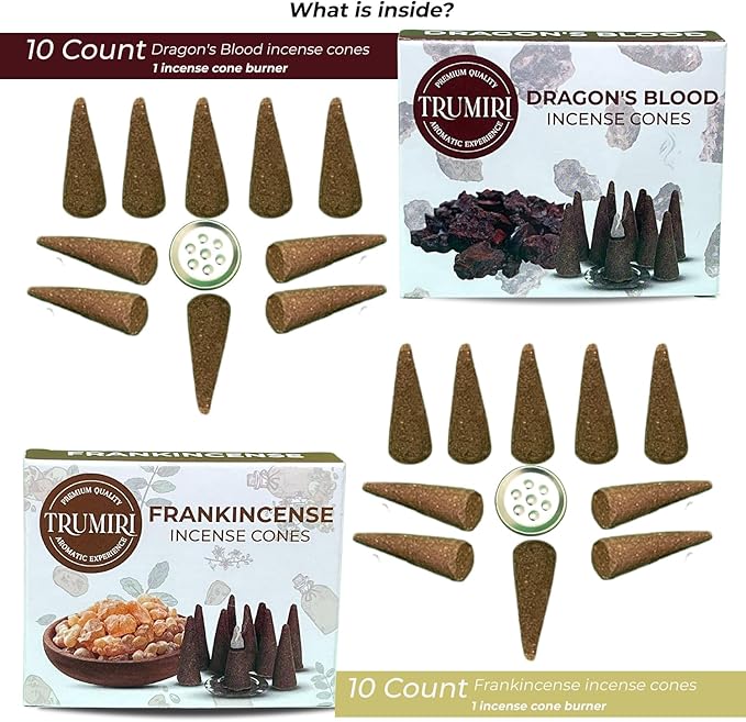 TRUMIRI Incense Cones Combo Pack - 20 Cone Incense - 10 Dragons Blood + 10 Frankincense TRUMIRI