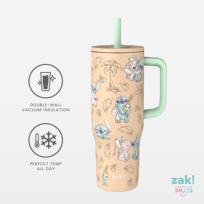 Zak Designs Disney Sutton Travel Tumbler for On the Go, 30oz Stainless Steel with Vacuum Insulation, Silicone Straw, and Carry Handle for Cold Drinks (Stitch, Angel) - Bloomnest