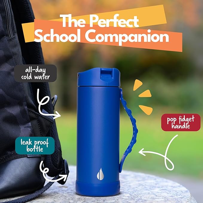 Elemental Iconic Kids Water Bottle for School - 100% Leak-Proof Insulated Water Bottles with Straw Lid & Pop-It Handle for Boys & Girls - Triple-Wall Insulated & BPA-Free, 14oz – Royal Blue - Bloomnest