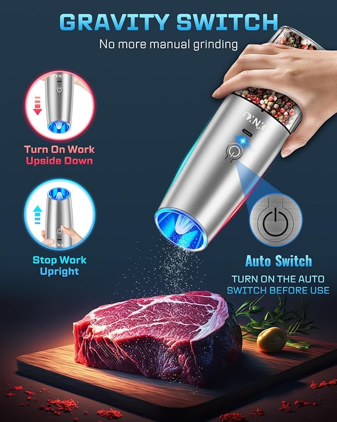 XinXu Gravity Electric Pepper and Salt Grinder Set, Adjustable Coarseness, with LED Light, One Hand Automatic Operation (Rechargeable Set/Silver X) - Bloomnest