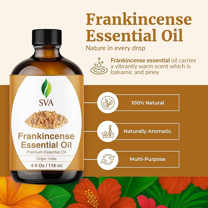 SVA Frankincense Essential Oil – 4 Fl Oz – 100% Natural Boswellia Serrata Oil - for Diffuser, Hair Care, Face, Skin Care, Aromatherapy, Scalp and Body Massage, Soap and Candle Making – with Dropper - Bloomnest