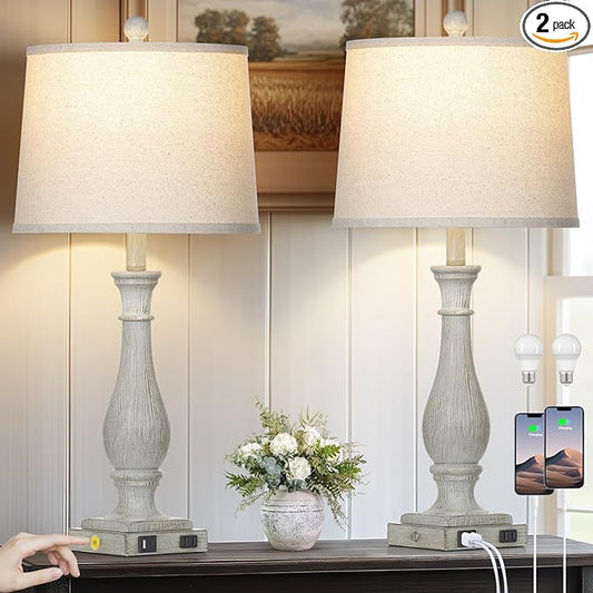 27.5" Farmhouse Table Lamps Set of 2 with USB C+A Ports & AC Outlet for Vintage Living Room Retro Bedroom, 3-Way Dimmable Touch Lamps Resin Bedside Lamps for Nightstand Side End Table, Grey - Bloomnest