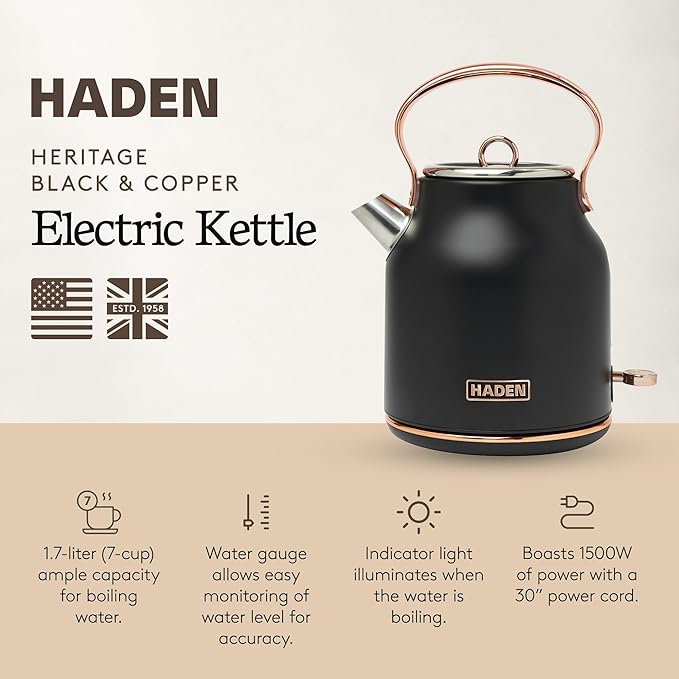 Haden Heritage 1.7 Liter Stainless Steel Electric Kettle, Hot Water Tea Kettle with 360-Degree Base and Auto Shutoff, Black & Copper - Bloomnest