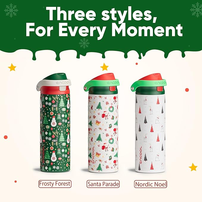 Christmas Insulated Water Bottle with Straw - Leak Proof Stainless Steel Water Bottle for School, Travel, Keeps Cold All Day, One-Touch Flip Lid, Holiday Gifts For Women Men, 24 oz, Frosty Forest ENCOOL