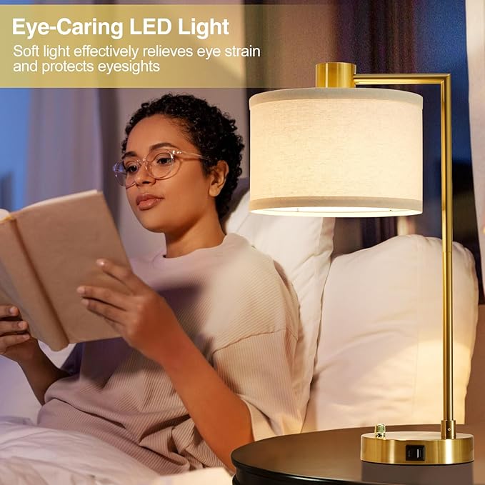 Luvkczc Table Lamp for Bedroom Set of 2 with USB C+A Ports, Fully Stepless Dimmable Bedside Lamp with Linen Lampshade, Nightstand Lamp for Living Room Reading Office, 2 LED Bulbs Included (Gold) - Bloomnest