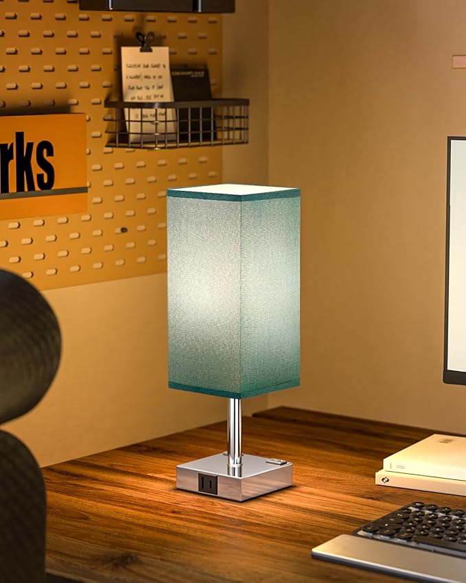 Touch Bedside Table Lamp for Nightstand - 3-Way Dimmable Night Lamp with USB A + Type C Charging Ports and Two AC Outlets, Small Desk Light with E26 Bulb for Bedroom Living Room Dorm, Turquoise - Bloomnest