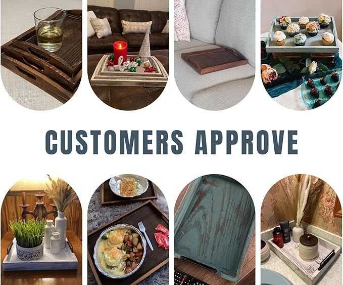 Comfify Serving Trays Set of 3 - Ottoman Wood Trays for Entertainment, Food and Decor - Rustic Farmhouse Distressed Wood Finish - Brown - Bloomnest