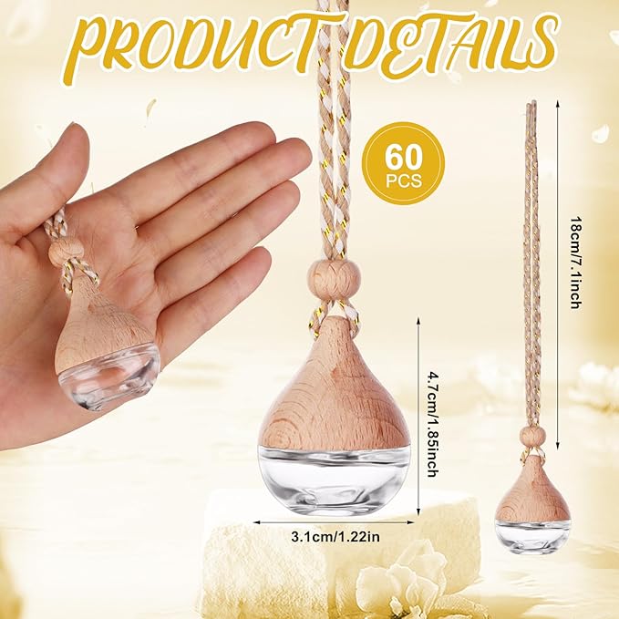 60 Pcs Hanging Car Air Freshener Car Diffuser Bottle Empty Glass Perfume Bottles Air Freshener Diffuser Bottle Pendant for Essential Oils Fragrance Aromatherapy Ornament Decor (Water Drop) - Bloomnest