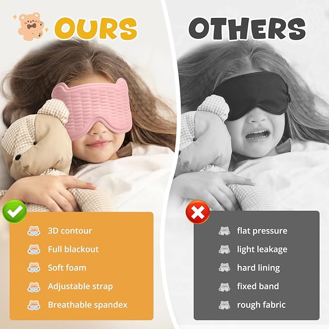 3D Kids Sleep Mask – Cute Bear Eye Mask for Sleeping, Comfortable Memory Foam Sleep Mask for Kids, Adjustable Strap and Lightweight Sleeping Mask for Boys Girls Teens Ages 5-15 (Pink) - Bloomnest