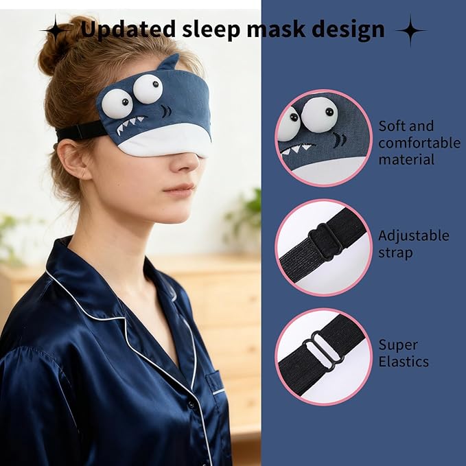 Cute Sleeping Mask, Shark Soft Fabric Sleep Mask Funny Cartoon Blindfold Novelty Eye Cover Eyeshade Shade for Women Kids Girls and Adult Travel (Pink+Blue Shark) - Bloomnest