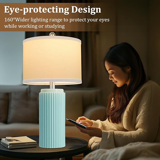 23.5’’ Light Green Coastal Table Lamps for Bedroom Set of 2, Modern Ceramic Nightstand Lamps for Living Room, Elegant Bedside Lamps with White Line Shade Set for Reading, Farmhouse Side Table Lamps - Bloomnest