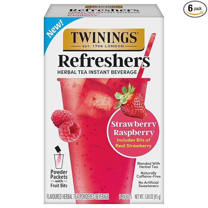 NEW Twinings Strawberry Raspberry Refreshers, Herbal Tea Instant Beverage with Real Strawberry Fruit Bits, 5 Count (Pack of 1), Café Style, No Artificial Sweeteners, Naturally Caffeine-Free, 5 Packets - Bloomnest