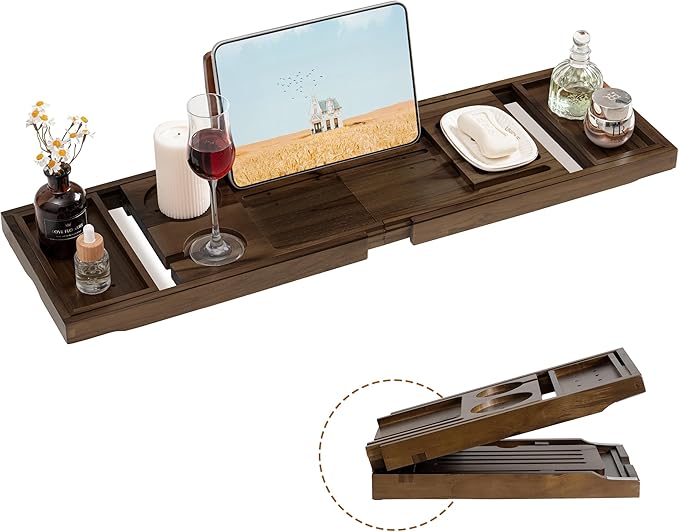 Teak Bathtub Tray, Wooden Tray Caddy for Bathtub, Luxury Bathroom Trays for Home Spa Relaxation, Teak Bathtub Caddy as Housewarming, Wedding Gifts for Women (Walnut Teak) - Bloomnest